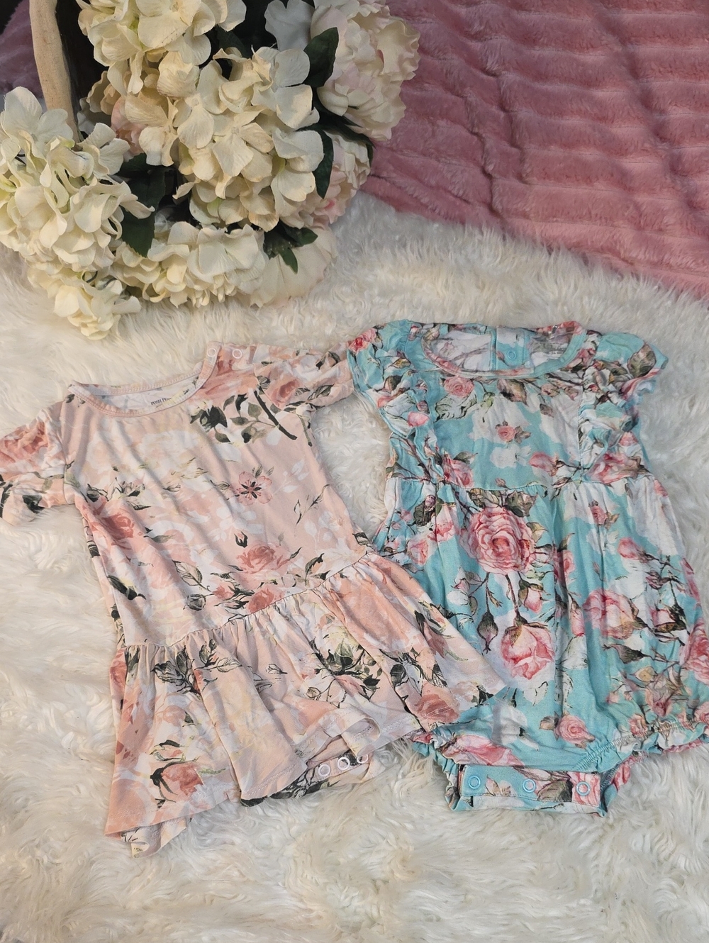 Posh Peanut Floral Ruffle Hem Skirted Romper - Pink and Blue